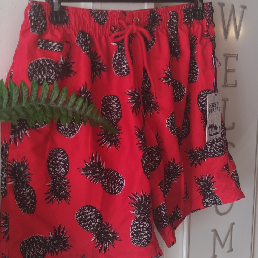 Free planet men's Xlarge swim trunks red with black pineapples